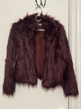 Burgundy Faux Fur Jacket Womens Small Cropped Open Front Coat